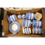 A collection of Blue & White Striped Cornish Style Kitchen pots including: Utensil, sugar, tea &