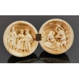 18/19th century Dieppe carved Ivory Diptych with religious scene: Diameter 5.5cm. Please note that