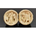 18/19th century Dieppe carved Ivory Diptych with Religious scene: Diameter 5.5cm. Please note that