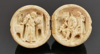 18/19th century Dieppe carved Ivory Diptych with Religious scene: Diameter 5.5cm. Please note that