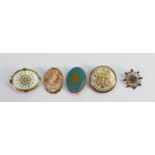 A collection of old ceramic brooches: including amethyst pendant in yellow metal mount, cameo brooch