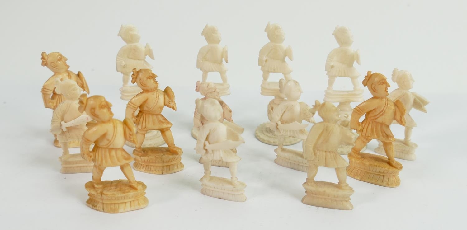 A collection of early Bone Chess Pieces: tallest 6.2cm , spears missing from majority of pawns,