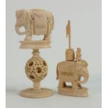 Two 19th Century Indian Carved Ivory Elephant theme Chess pieces: taller item noted without flag,