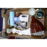 A mixed collection of items to include: Wedgwood & similar tankards, novelty jug & pottery bottle