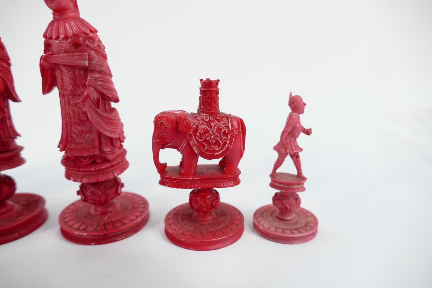 19th Century Finely Carved & Turned Bone Chess Set: damage noted to red knight & white rook, - Image 4 of 5