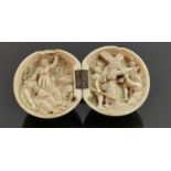 18/19th century Dieppe carved Ivory Diptych with religious scene: Diameter 6cm. Please note that