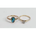 Two 9ct gold rings set turquoise & white stone: Gross weight 3.6g, both size P appx. (2)