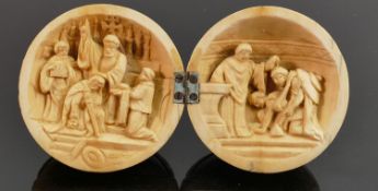 18/19th century Dieppe carved Ivory Diptych with religious scene of John The Baptist: Diameter 5.