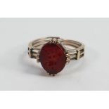 9ct gold and hardstone intaglio set ring size P: Weight 3.6g, not hallmarked but tests as 9ct or