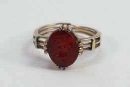 9ct gold and hardstone intaglio set ring size P: Weight 3.6g, not hallmarked but tests as 9ct or