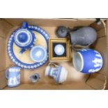 A mixed collection of Wedgwood Jasperware to include: Black Teapot, Dip Blue items, jugs, cheese