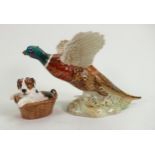 Beswick pheasant in flight : 849 together with a Royal Doulton puppy in basket HN2587 (2)