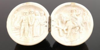 18/19th century Dieppe carved Ivory Diptych with Napoleonic Marriage scene: Diameter 6cm. Please
