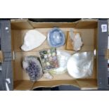 A collection of natural stone items to include rock crystals, carved alabaster plaque,section of