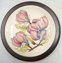 Moorcroft Pink Magnolia on Cream Ground Framed Plate: silver lined seconds, diameter 30cm