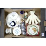 A mixed collection of items to include: Wedgwood posy holder, boxed Spode Hunting theme box, Crown