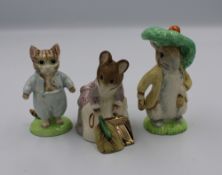 Beswick Beatrix Potter gold edition figures: Benjamin Bunny, Tom Kitten and Hunca Munca sweeping (