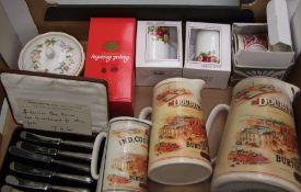 A mixed collection of items to include: Royal Albert mugs, Double Diamond pub advertising water