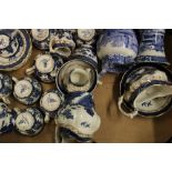Booths Real Old Willow tea ware and jugs: Spode Italian jug, Blue Willow vase etc (1 tray).