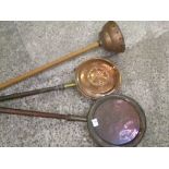 Two bed warming pans together with a laundry copper (Simplex No 2) long handled plunger (3)