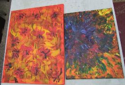 Two unframed canvas abstract paintings: by Rachel Bishop (unsigned), vendor is a former Moorcroft