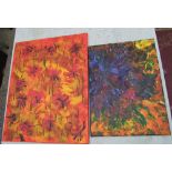 Two unframed canvas abstract paintings: by Rachel Bishop (unsigned), vendor is a former Moorcroft