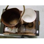 A mixed collection of items to include: copper and brass coal scuttle, antique pair of shackles,