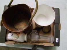 A mixed collection of items to include: copper and brass coal scuttle, antique pair of shackles,