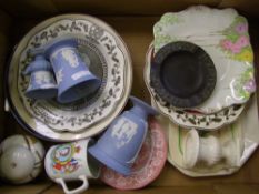A mixed collection of items to include: Decorative wall plates, Wedgwood Jasper ware vases, Wedgwood