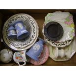 A mixed collection of items to include: Decorative wall plates, Wedgwood Jasper ware vases, Wedgwood