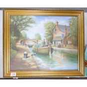 Framed oil on canvas painting of a rural canal side scene: 51cm x 59cm