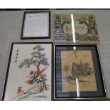 A framed print of Little Moreton Hall dated 1980: together with a framed oriental silk picture,