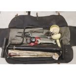 A vintage mechanics tool kit in vinyl pouch: including pump, pressure gauge, inspection light,