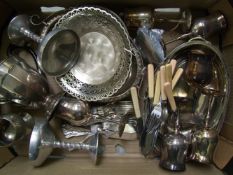 A mixed collection of metal items to include: pierced white metal dish, silver plated goblets,