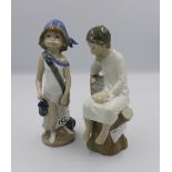 Lladro figure of a boy on a stump: together with a Cascades figure of a girl dressed as a pirate (