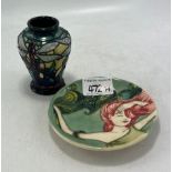 Moocroft Favrile vase: together with a Trial coaster decorated with a lady. Both A/F