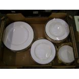 Minton Saturn pattern dinner ware: 8 dinner plates, 8 salad plates, 8 rimmed soup bowls and 6