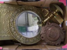A collection of brass ware to include: large chamber stick, framed mirrors, plaque etc (1 tray)