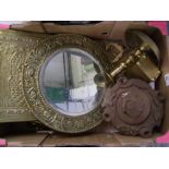 A collection of brass ware to include: large chamber stick, framed mirrors, plaque etc (1 tray)