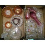 A collection of mixed glass ware: including cranberry and carnival glass (2 trays).