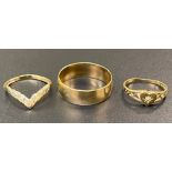 Gents 9ct gold wedding band: together with a ladies wish bone ring and heart ring. Total weight 5.