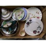 A mixed collection of items to include: wall cabinet plates, continental twin handled posy vase,