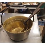 Vintage brass jam pan: together with 2 brass saucepans (3).