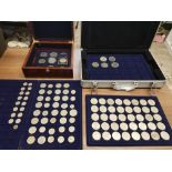 An aluminium coin box with tray inserts containing coins ranging from Crowns to Sixpences: of