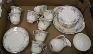 Royal Doulton Juliet pattern tea ware: 8 trio's, 1 x cake plate, milk jug and sugar bowl, mostly