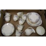 Royal Doulton Juliet pattern tea ware: 8 trio's, 1 x cake plate, milk jug and sugar bowl, mostly