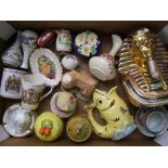 A mixed collection of items to include: Royal Winton lidded pot, Tube lined trinklet box, Bud vases,