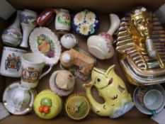 A mixed collection of items to include: Royal Winton lidded pot, Tube lined trinklet box, Bud vases,