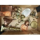 A mixed collection of metalware items: Indian brass ware, copper lidded boxes, hand beaten copper