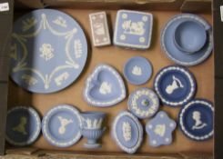 A collection of Wedgwood Jasper ware : to include cup & saucer, lidded boxes, lilac box, plate,